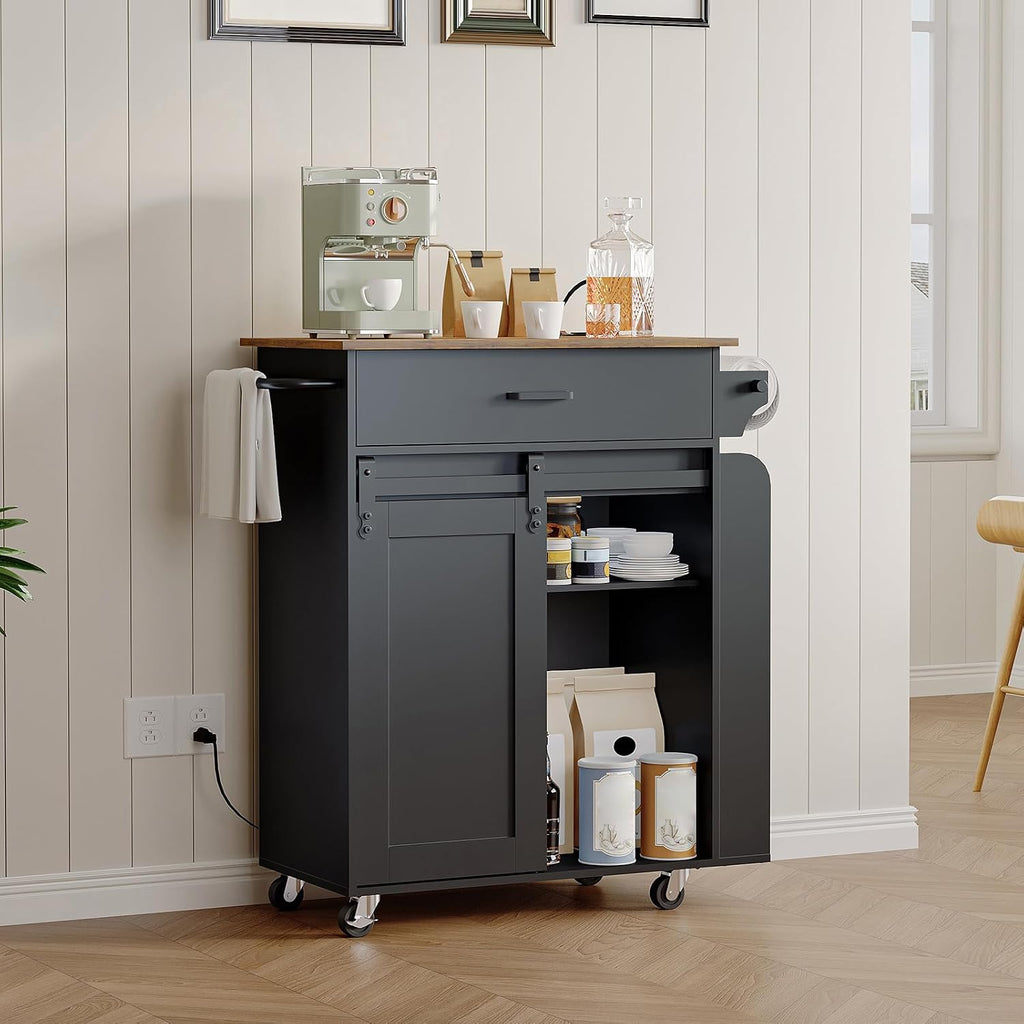YATINEY Kitchen Island with Storage, Mobile Kitchen Cart with Charging Station, Kitchen Island on Wheels, Rolling Island Table with Sliding Cabinet Door, Black and Rustic Brown ZD01UBR