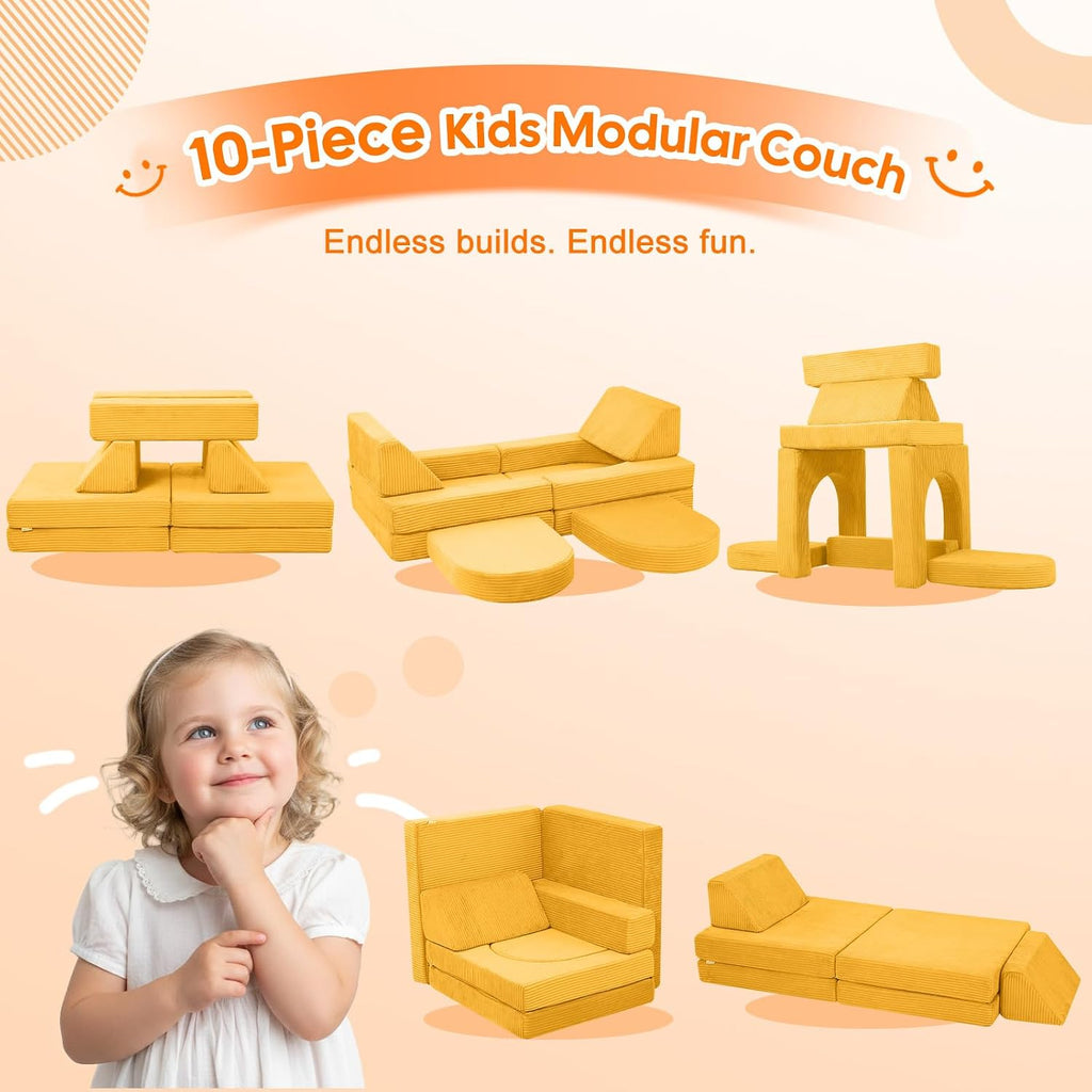 MeMoreCool Stylish Corduroy 10-Piece Kids Play Couch, Modular Foam Toddler Couch Fort Building Set, Convertible Sofa with Washable Covers for Playroom and Bedroom, Mustard Yellow