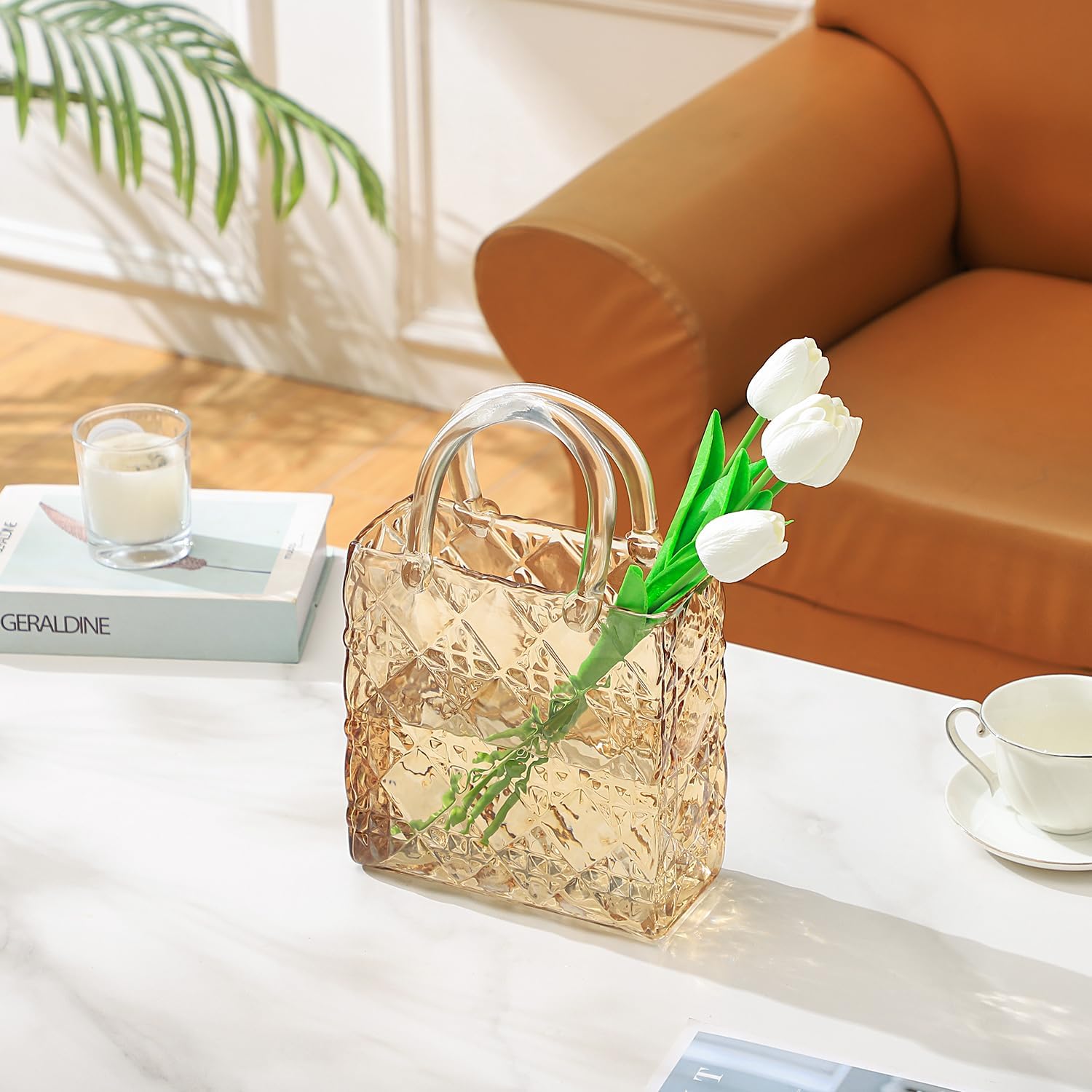 Glass Purse Vase, Glass Bag Vase, Amber Vases for Flowers, 12 Inch Large Flower Vases with Embossed Pattern for Wedding, Living Room, Bedroom, Table, Office(Tote)