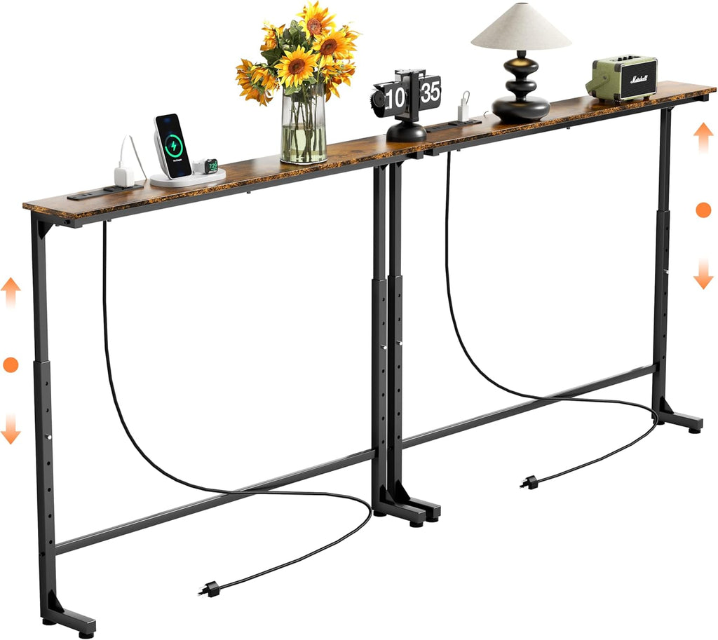 GRLEAF 2 Pack Adjustable Height Narrow Console Table with Power Outlets, 90" Long Sofa Table with Charging Station Behind Couch Table Entryway Table for Living Room and Hallway – Rustic Brown