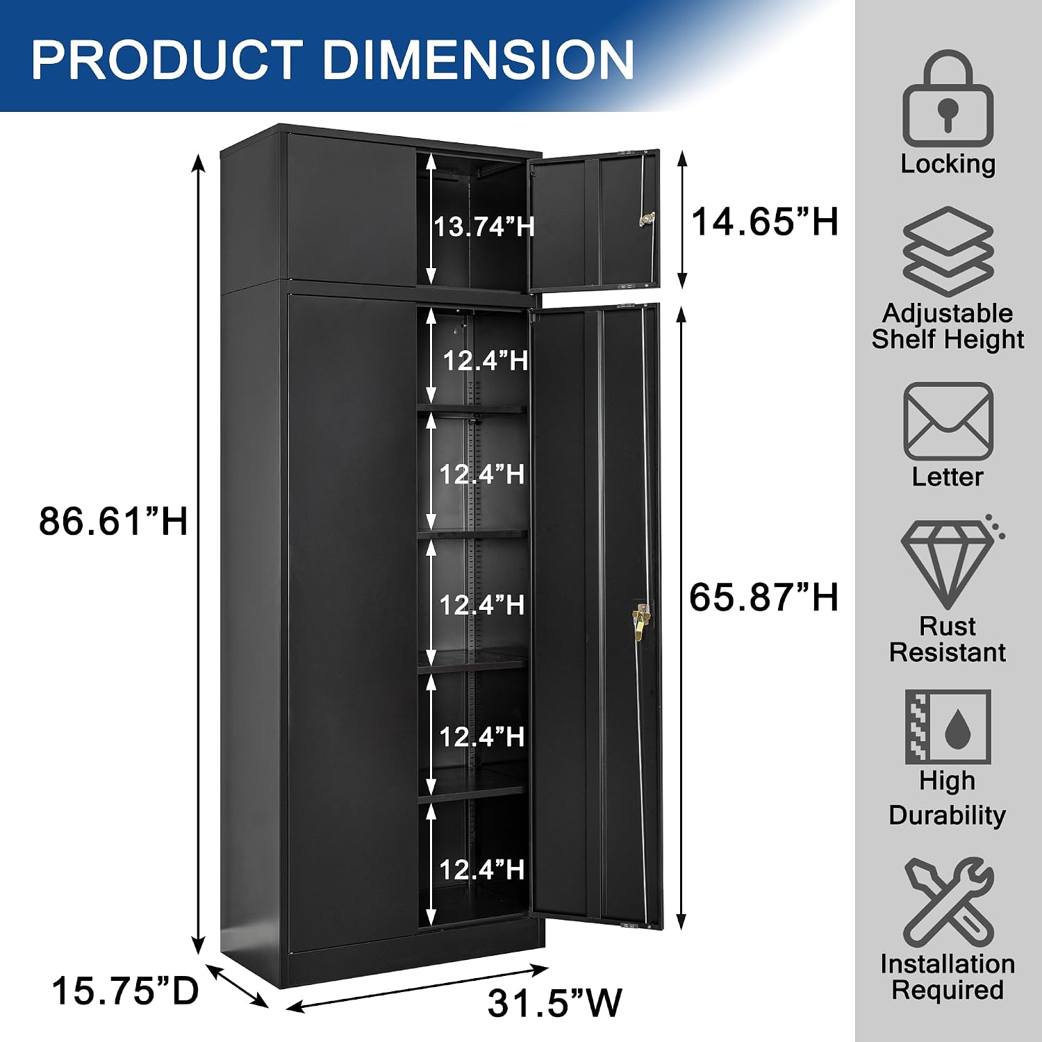CJF Metal Storage Cabinet, 87 inch Tall Large Locking Cabinet with Top Cabinet, Garage Storage Cabinet with 4 Adjustable Shelves for Home Office, Garage and Utility Room-Black