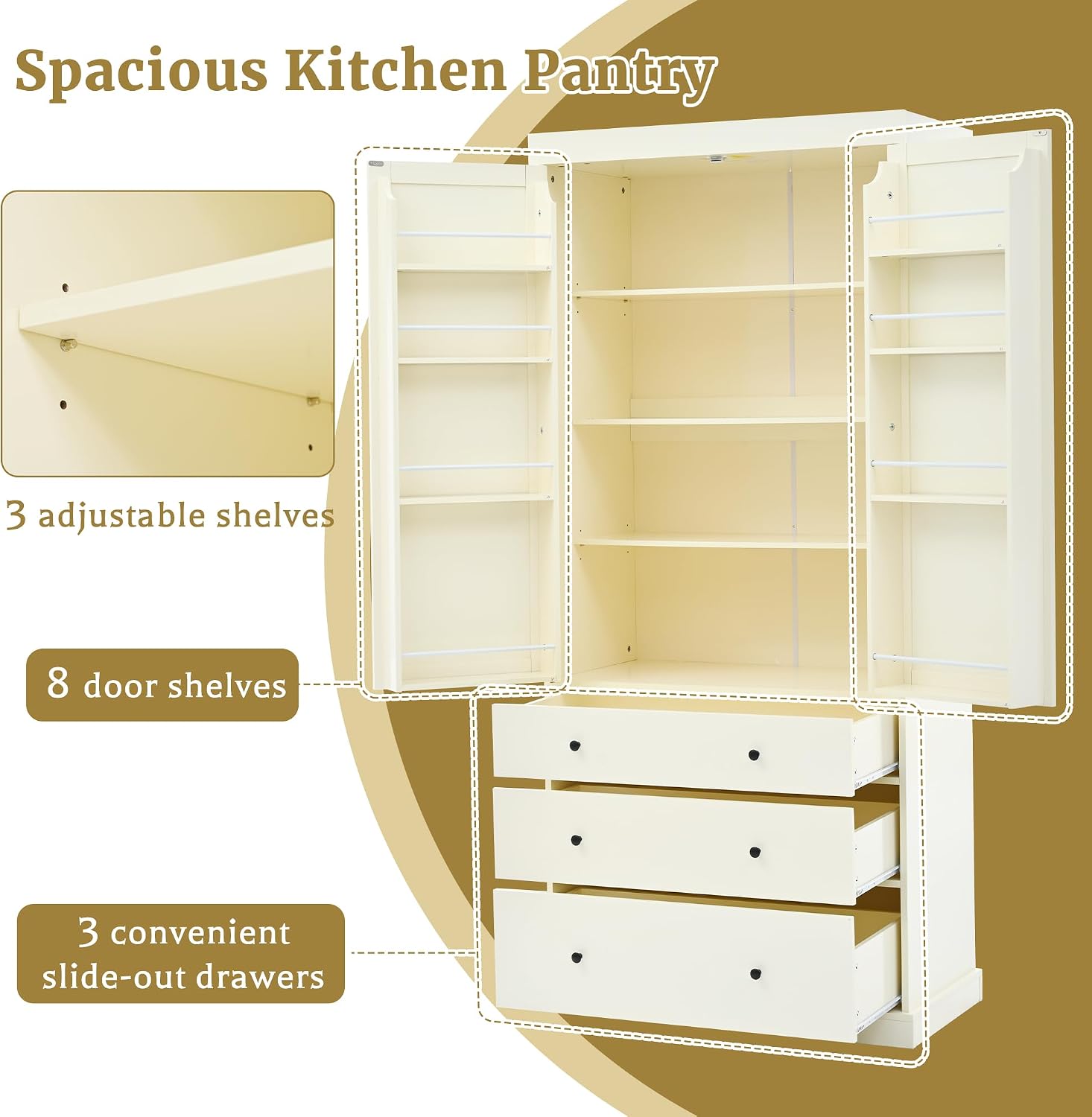 77" Tall Kitchen Pantry Cabinet, Pantry Storage Cabinet with 2 Door 3 Drawers and Adjustable Shelf, Freestanding Rustic Wood Pantry for Kitchen, Dining Room, Cream