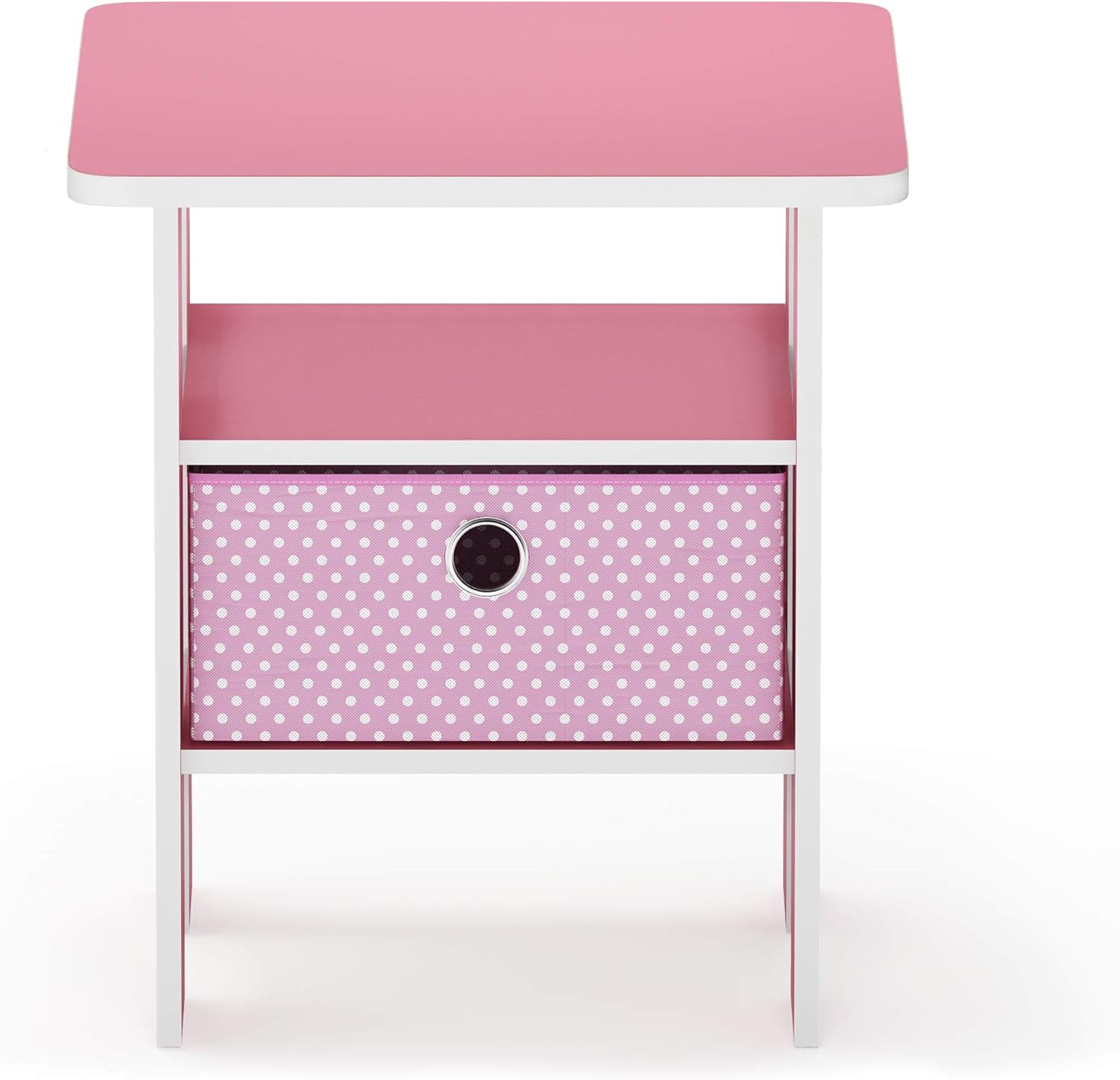 Furinno Andrey Side Table with Bin Drawer, Pink End Table with Open Shelves, Night Stand, Bedside Table, for Living Room, Bedroom, Pink