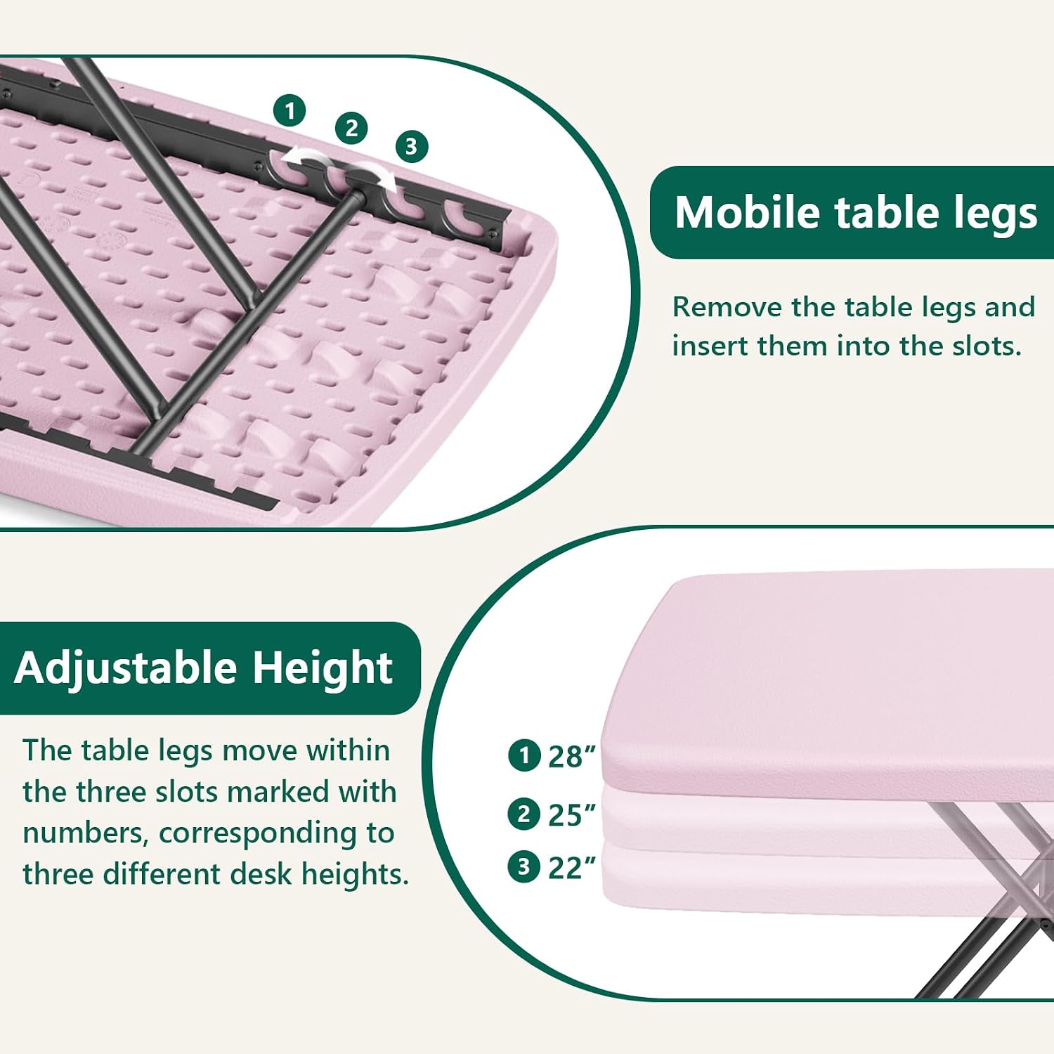 Folding Table 30 Inch - Small Desk Adjustable Height TV Tray for Laptop, Couch, Camping - Heavy Duty Utility Foldable Table for Small Spaces, No Assembly Required, Pink Granite