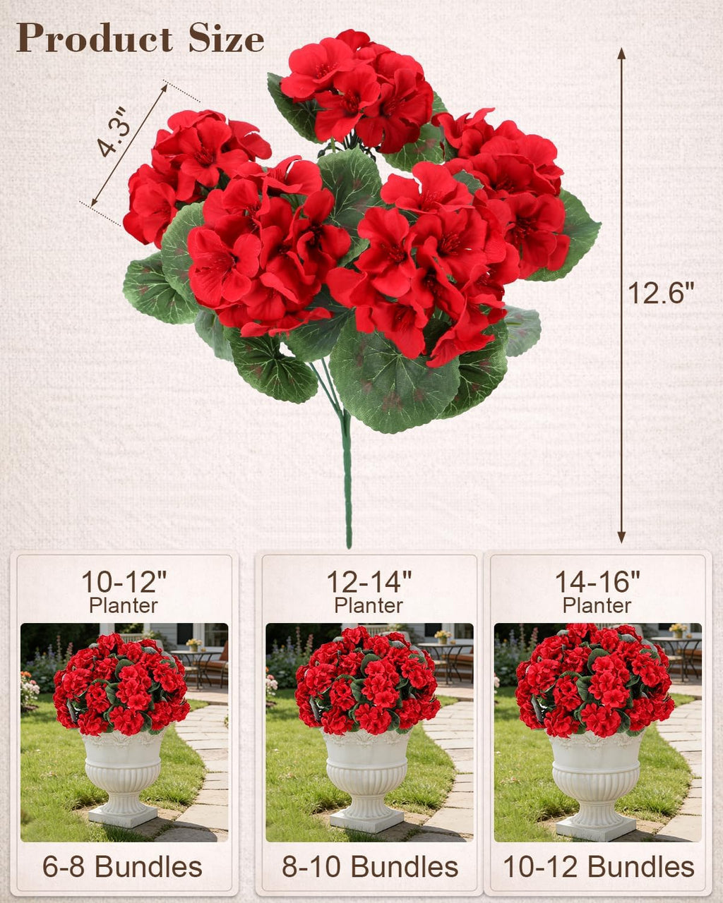 Artificial Flowers for Outdoors – 6 Bundles of UV-Resistant Artificial Geraniums, Realistic Silk Flowers for Front Porch, Patio, Garden, Window Boxes & Hanging Baskets (red, 6)