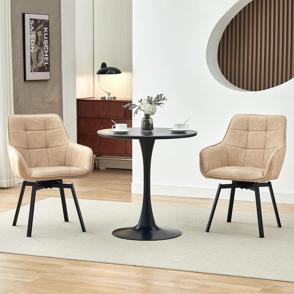 TUKAILAi Swivel Dining Chairs Set of 2, Faux Leather Dining Chairs with Arms & Metal Legs, Upholstered Mid Century Rotatable Kitchen Chairs for Living Room Bedroom Kitchen Restaurant (Cream)