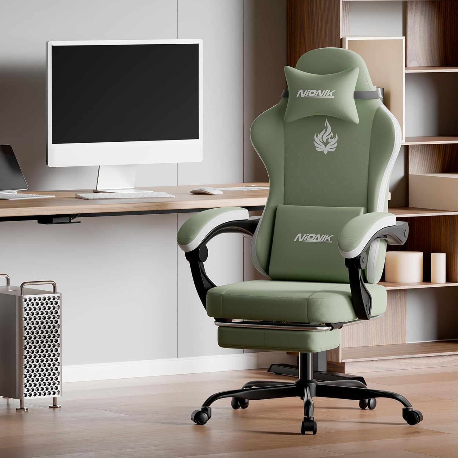 Gaming Chair with Massage,Ergonomic PC Gaming Chair Computer Chairs with Footrest Comfortable Headrest and Lumbar Support, High Back GREENWHITE