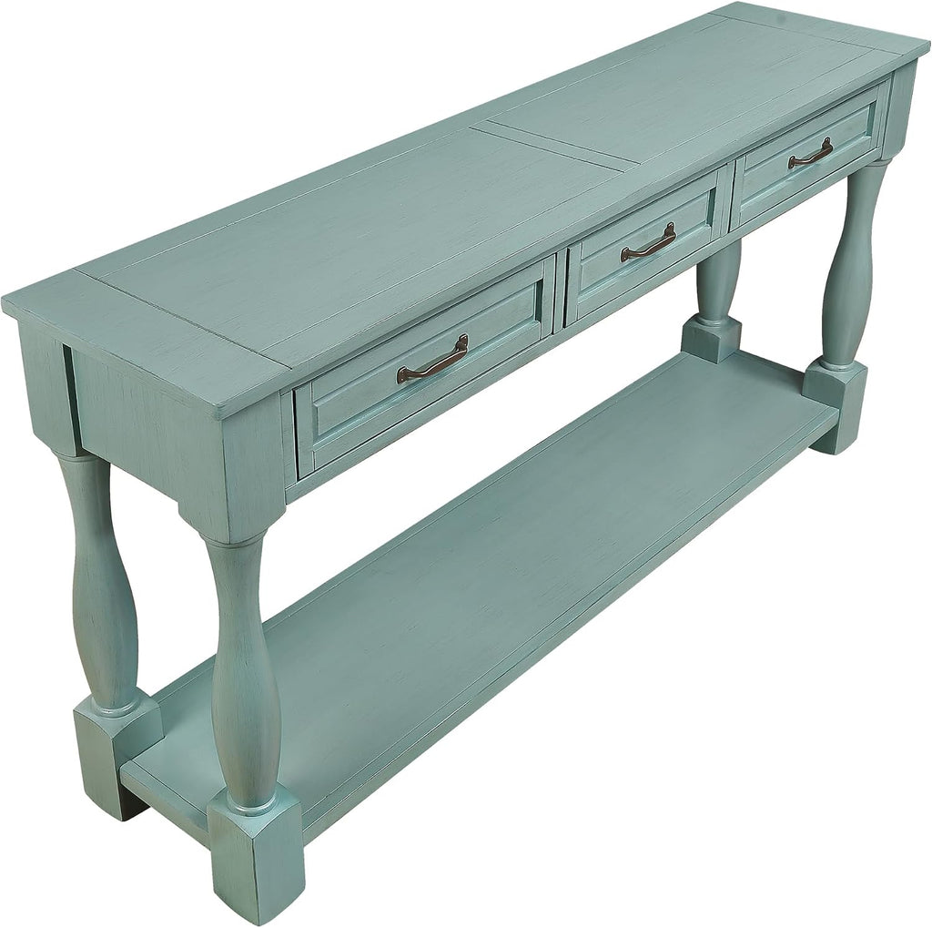 Merax Retro Console Table with 4 Drawers for Entryway, Sofa Table with Open Storage Shelf, Wood Side Table with Thick Legs for Living Room Bedroom, Retro Blue