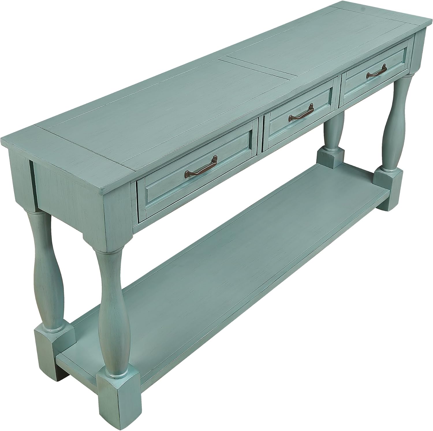 Merax Retro Console Table with 4 Drawers for Entryway, Sofa Table with Open Storage Shelf, Wood Side Table with Thick Legs for Living Room Bedroom, Retro Blue