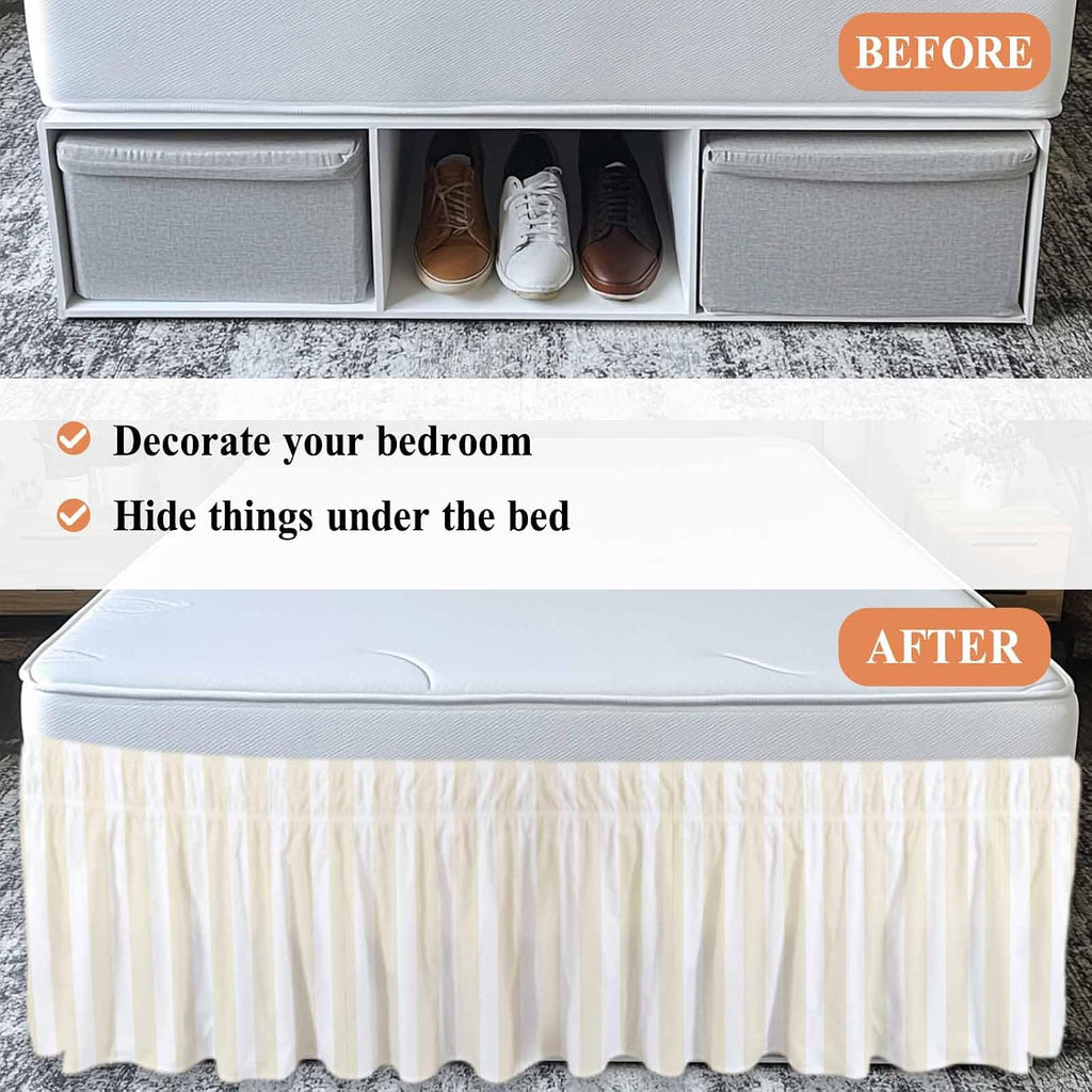 Cream Striped Bed Skirt King Size Bed Skirting 16 Inch Drop Adjustable Elastic Dust Ruffles Wrap Around Bedskirt Pleated Modern Farmhouse Cream White Stripes Bedding Frame Cover for King Size Dorm