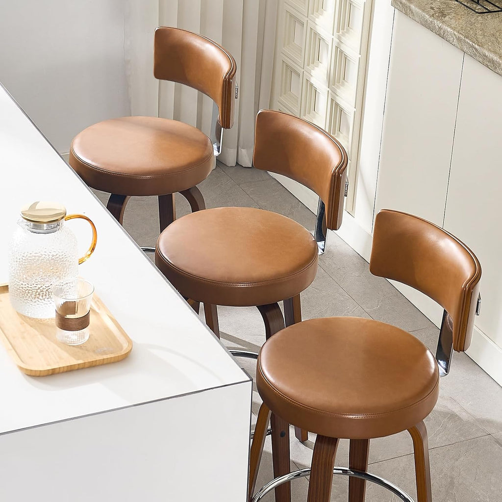 Bekrvio Swivel Counter Height Bar Stools Set of 3, 26" Faux Leather Kitchen Stools Upholstered Barstools with Back and Walnut Wood Legs, Mid Century Island Chairs Counter Stools, Brown