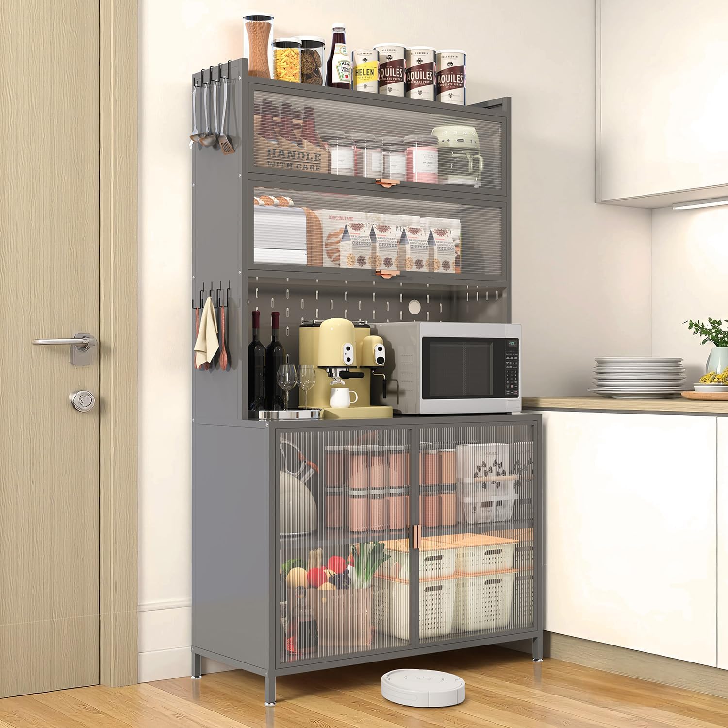 73'' Tall Kitchen Pantry Cabinet,Metal Pantry Cabinet with Adjustable Shelves,6-Tier Hutch Storage Cabinet with Microwave Stand, Anti-Tip Design Hutch for Kitchen, Dining Room, Living Room (Grey)
