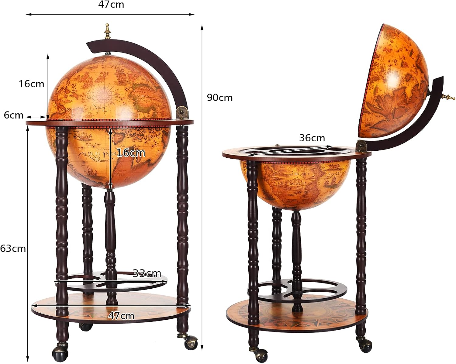 TANGZON 330MM/360MM Globe Drinks Cabinet, Movable Whisky Wine Spirits Cabinet with Casters, Wine Container Minibar Storage Wooden Cart (Brown)