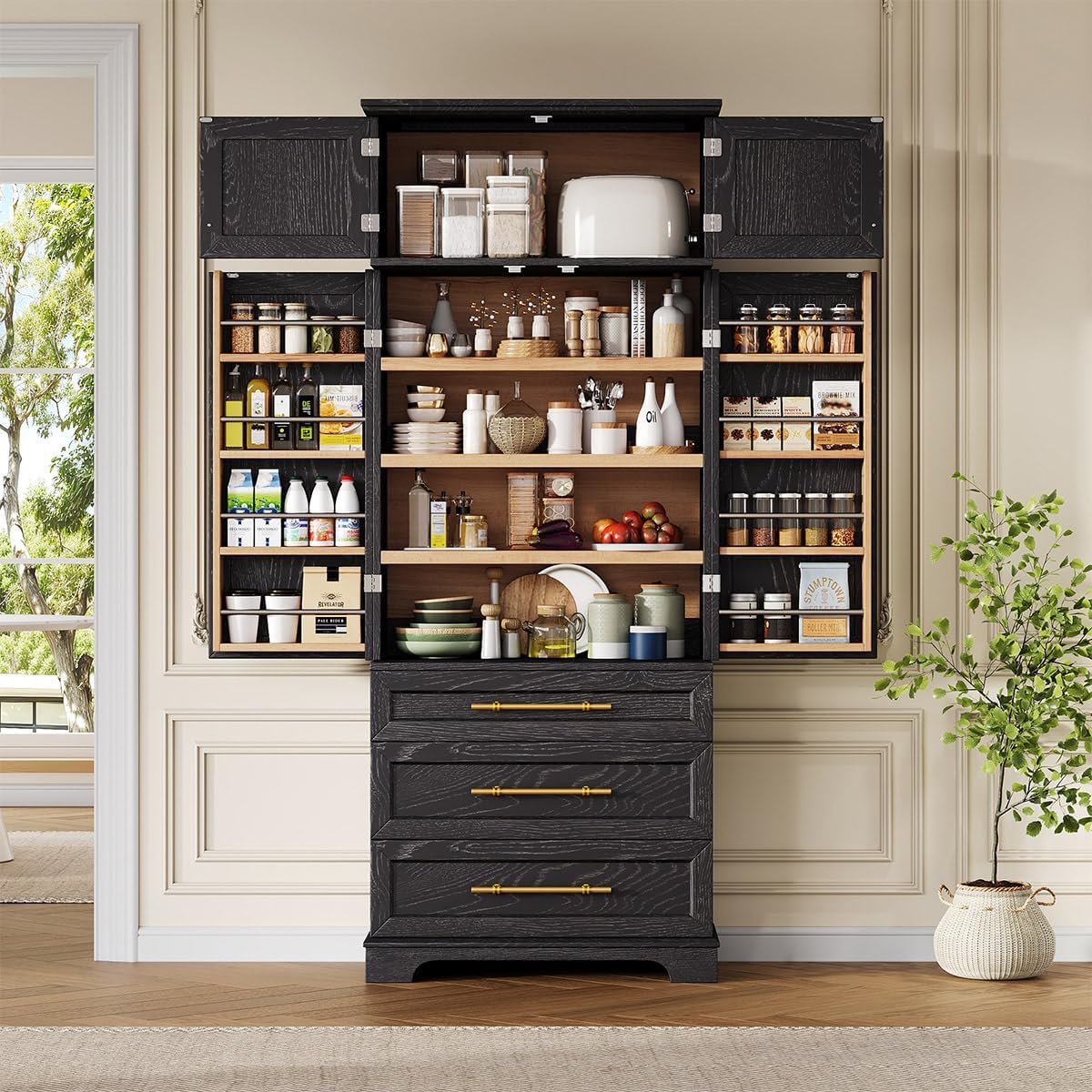 78.2" Tall Farmhouse Kitchen Pantry Cabinet with 8 Door Shelves and 3 Large Drawers, Modern Storage Cabinet with 3 Adjustable Shelves, Versatile Cupboard for Kitchen (Black)
