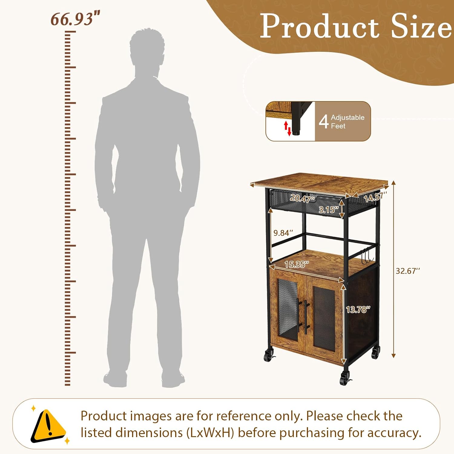 3 Tier Slim Rolling Coffee Cart with 2-Door & Pull-Out Wire Basket Drawer, Coffee Bar Cabinet on Lockable Casters, 32.7" H Microwave Cart with Storage for Home, Kitchen, Dining Room (Rustic Brown)