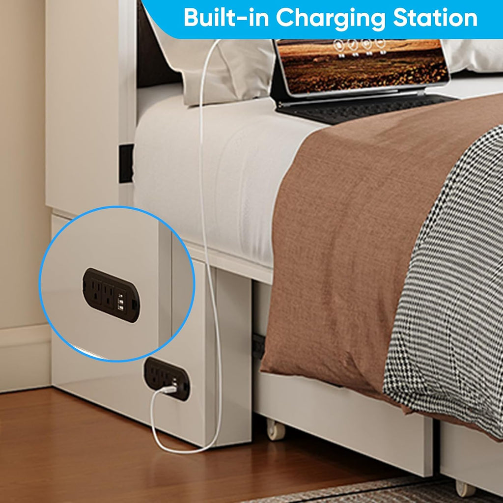 Mjkone Full Murphy Bed Cabinet with Tri-Folding Mattress, Distressed Wooden 57" W Cabinets Wall Chest Beds with Built-in Charging Station & Storage Drawer for Office Guest Bedroom Living Room, White