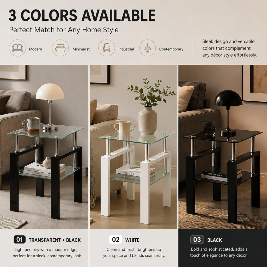 Meihua Glass End Table, Square Glass Side Table, 2-Tier Modern Nightstand with Metal Legs for Living Room&Bedroom (Transparent, 1pc)