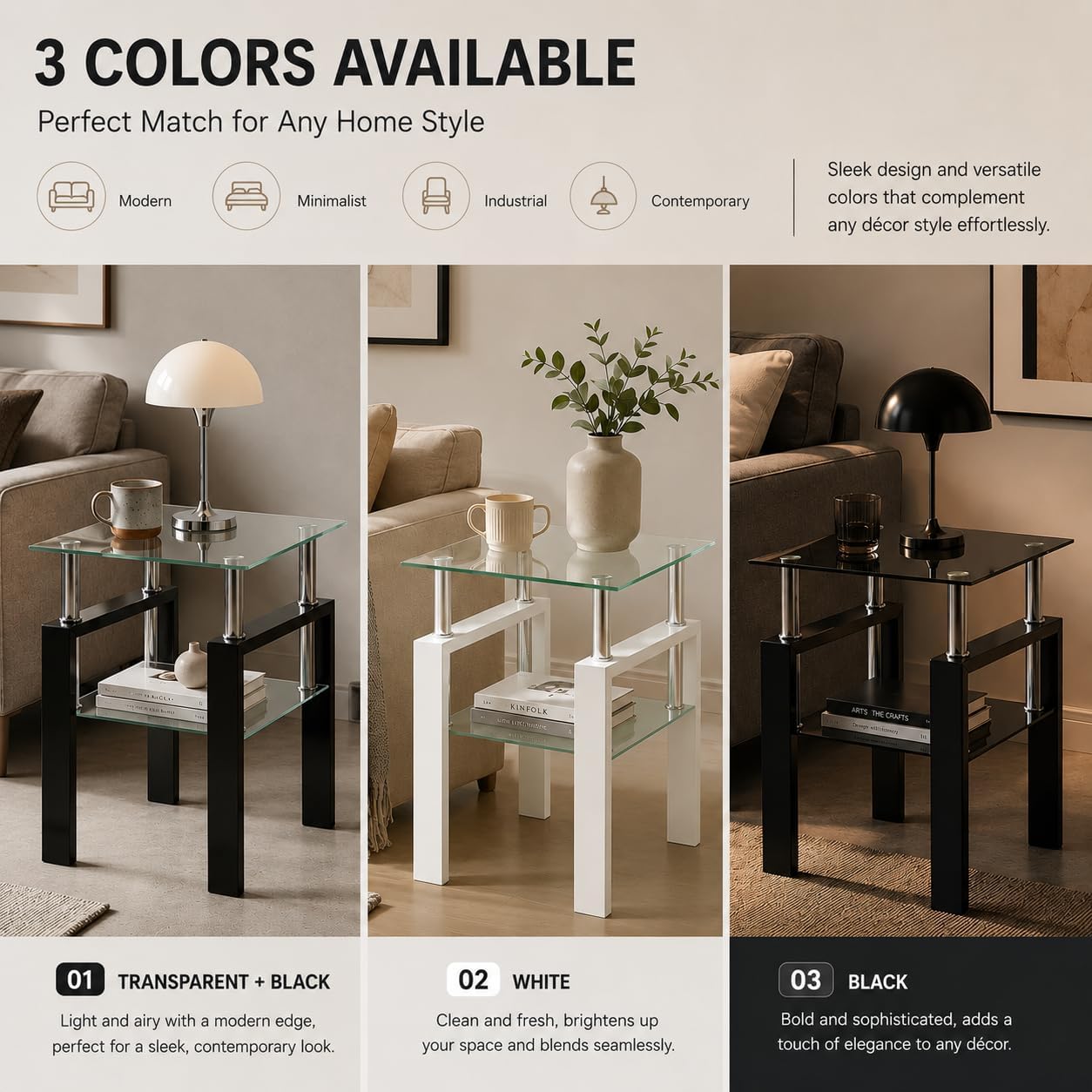 Meihua Glass End Table, Square Glass Side Table, 2-Tier Modern Nightstand with Metal Legs for Living Room&Bedroom (Transparent, 1pc)