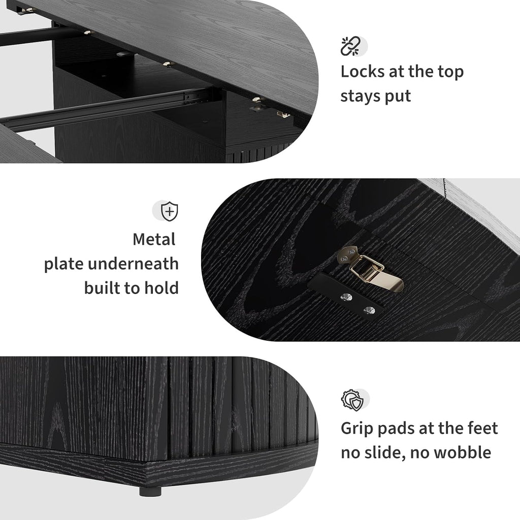 Garvee Extendable Round Dining Table with 2-Tier Storage Shelf & Drawer, 47.5 to 63 Inch Expandable Kitchen Table for 4-8 PM, Modern Farmhouse Fluted Pedestal Oval Circle Dinner Table, Black