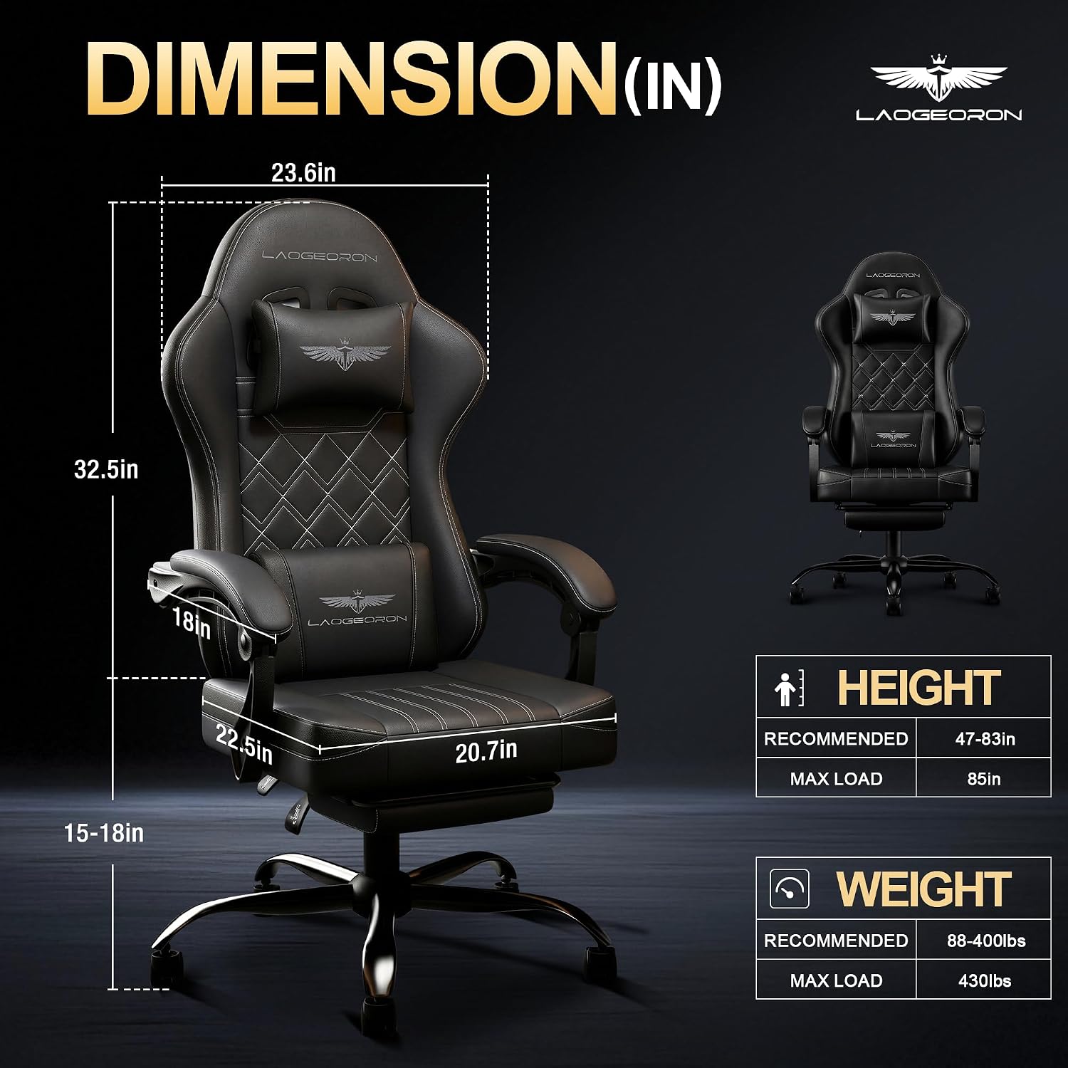 Ergonomic Gaming Chair with Retractable Footrest, High Back Video Game Chairs Computer Gaming Chairs with Headrest and Lumbar Support 400 lbs Linked Armrests Adult Chair (Black)