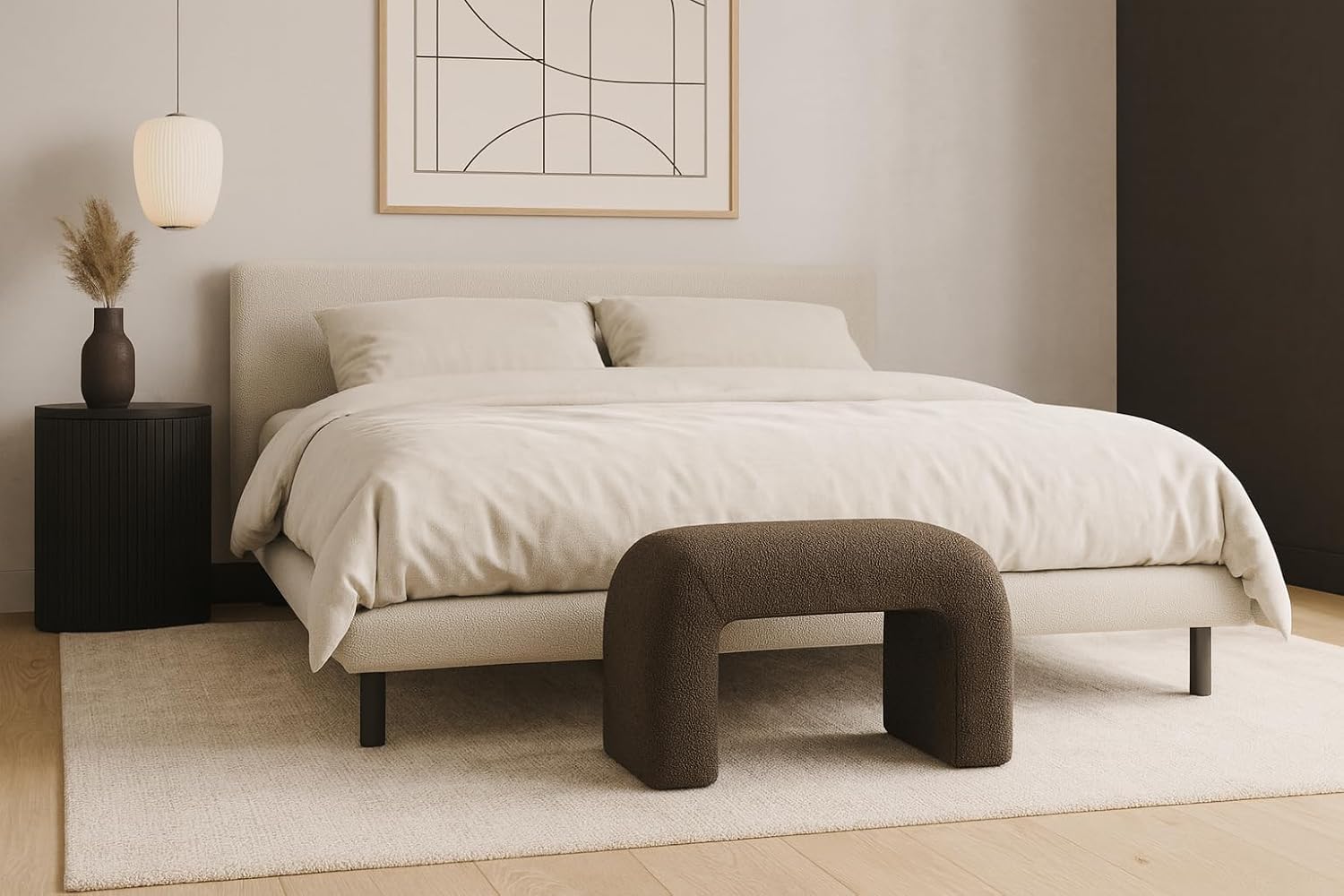 Meridian Furniture 169Brown Niagara Collection Modern | Contemporary Boucle Fabric Upholstered Bench with Rich Brown Boucle Fabric, Curved Contemporary Design, 28" W x 15.5" D x 17.5" H, Brown