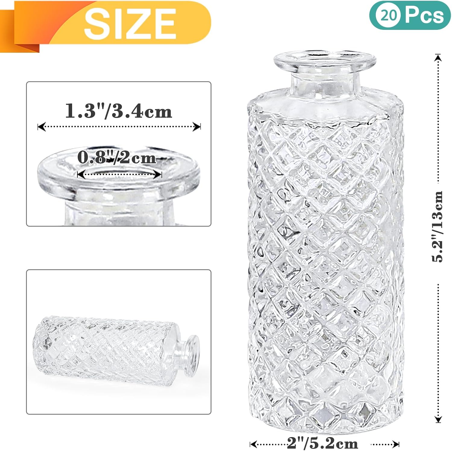 Clear Glass Bud Vase, 20 Pack Living Bud Vases, Small Diamond Bud Vases in Bulk, Mini Flowers Vases for Table Centerpiece, Office, Wedding Reception, Home Decor