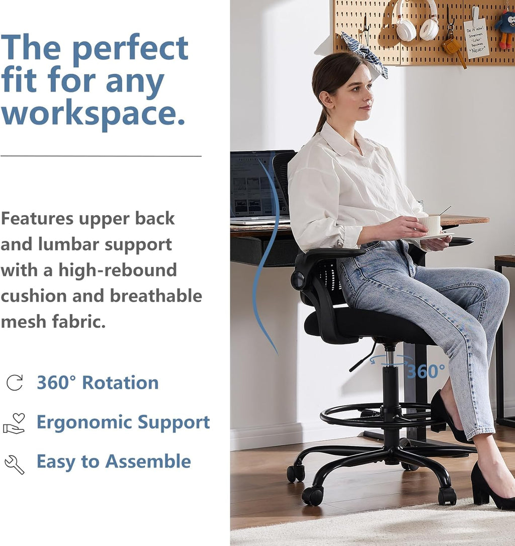 DUMOS Drafting Chair with Flip-up Arms, Tall Office Standing Desk Chair with 360° Swivel Rolling Wheels, Counter Height Adjustable, High Ergonomic Mesh Computer Chairs, Ink