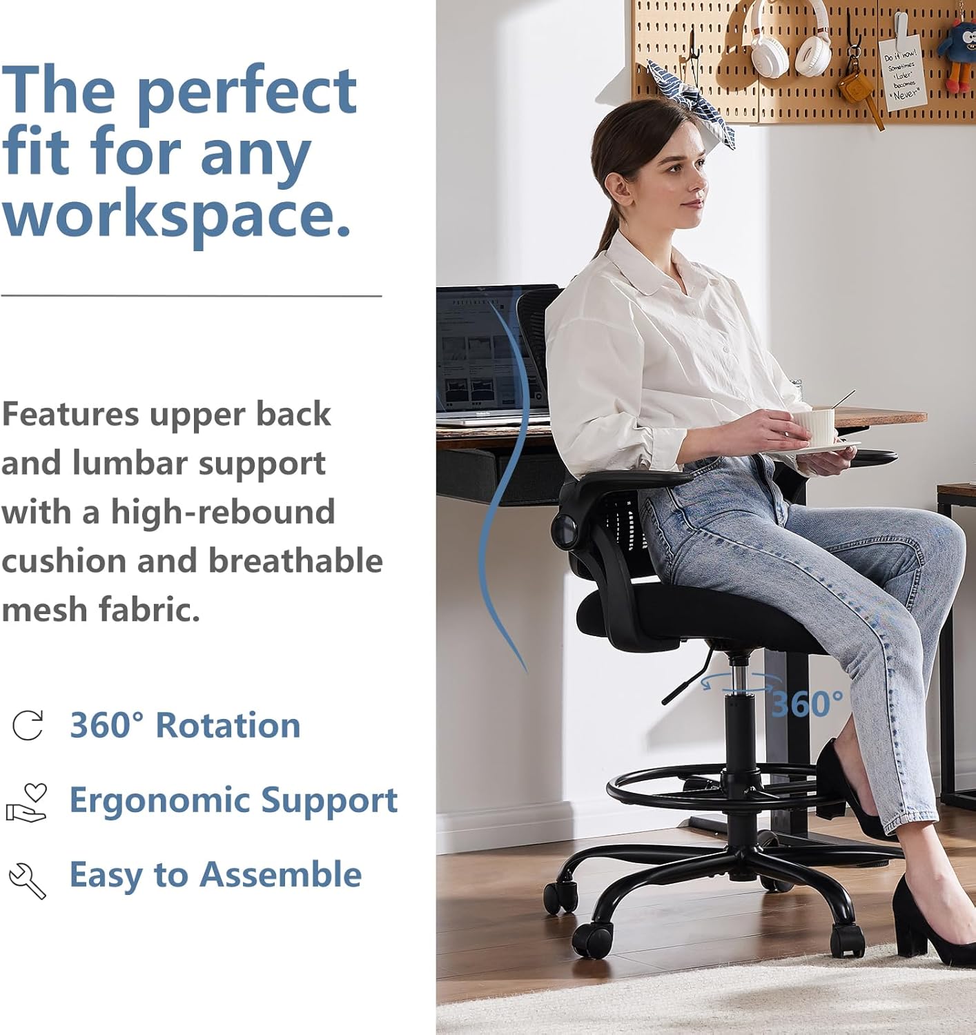 DUMOS Drafting Chair with Flip-up Arms, Tall Office Standing Desk Chair with 360° Swivel Rolling Wheels, Counter Height Adjustable, High Ergonomic Mesh Computer Chairs, Ink