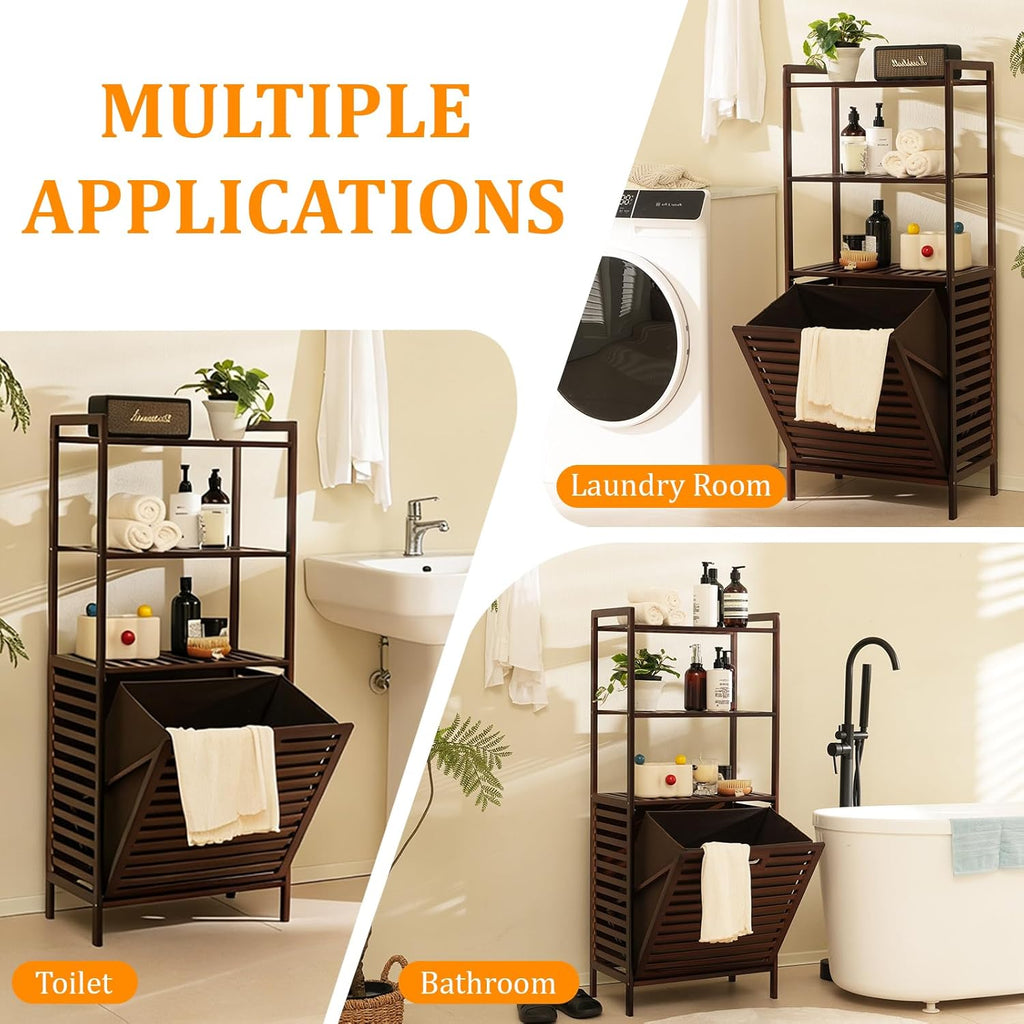 Baveke Bamboo Laundry Hamper with 3 Tier Shelves, Tilt Out Laundry Basket with Removable, Bathroom Storage Cabinet for Dirty Clothes, Hidden Corner Laundry Hamper for Bedroom, FSC-Certified, Brown