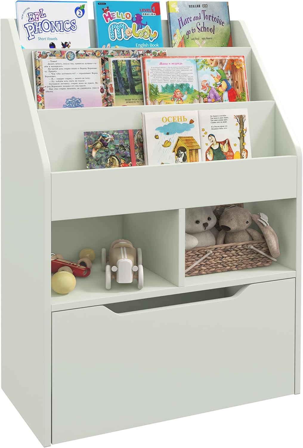 Bookcase Multi Shelf Rack Organizer with Storage Drawer for Books, Playroom, Pale Green