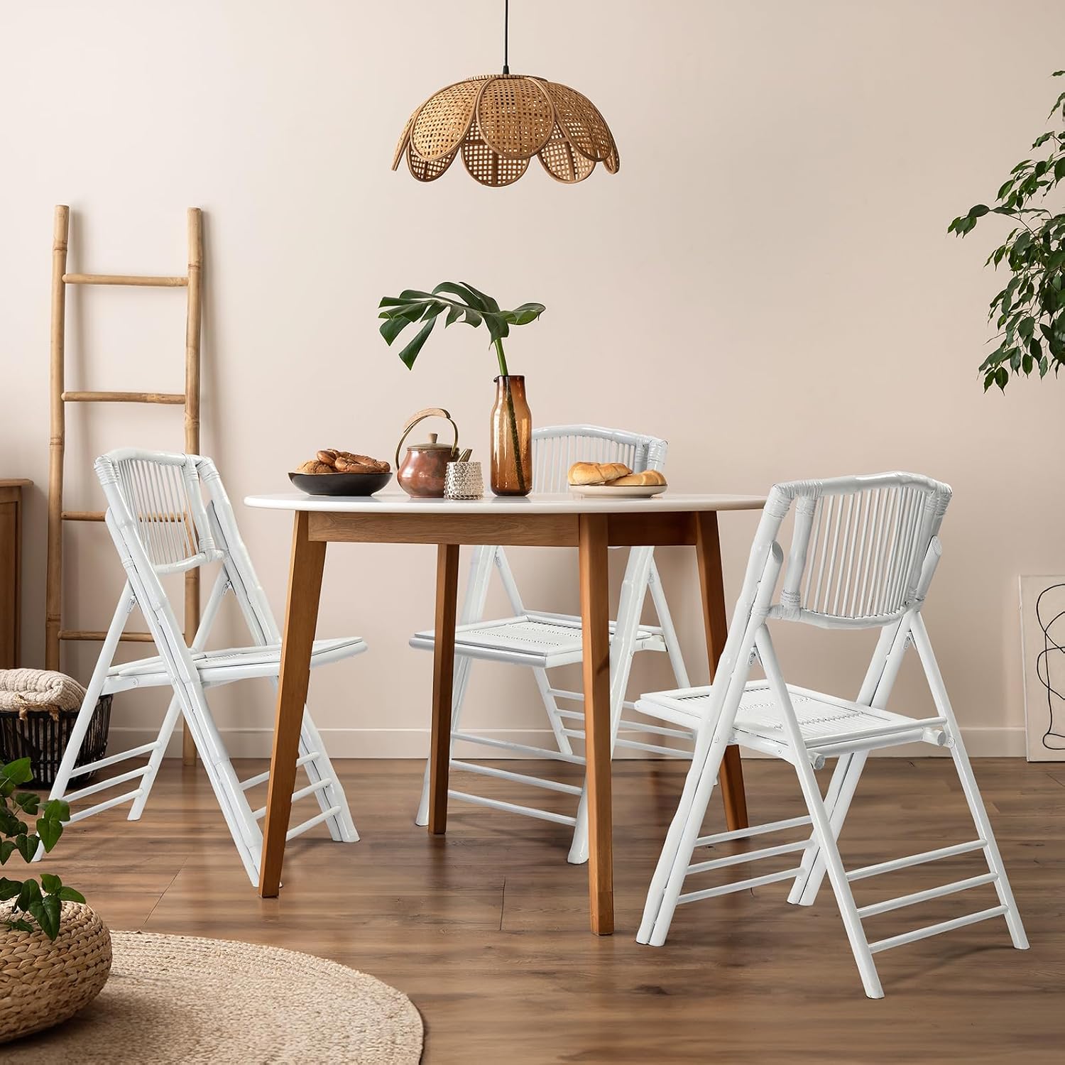VINGLI Bamboo Folding Chair, Foldable Dining Wood Chairs Comfortable Seat for Outdoor & Indoor, Patio, Porch, Wedding, Party, Event,White (4 Pack)