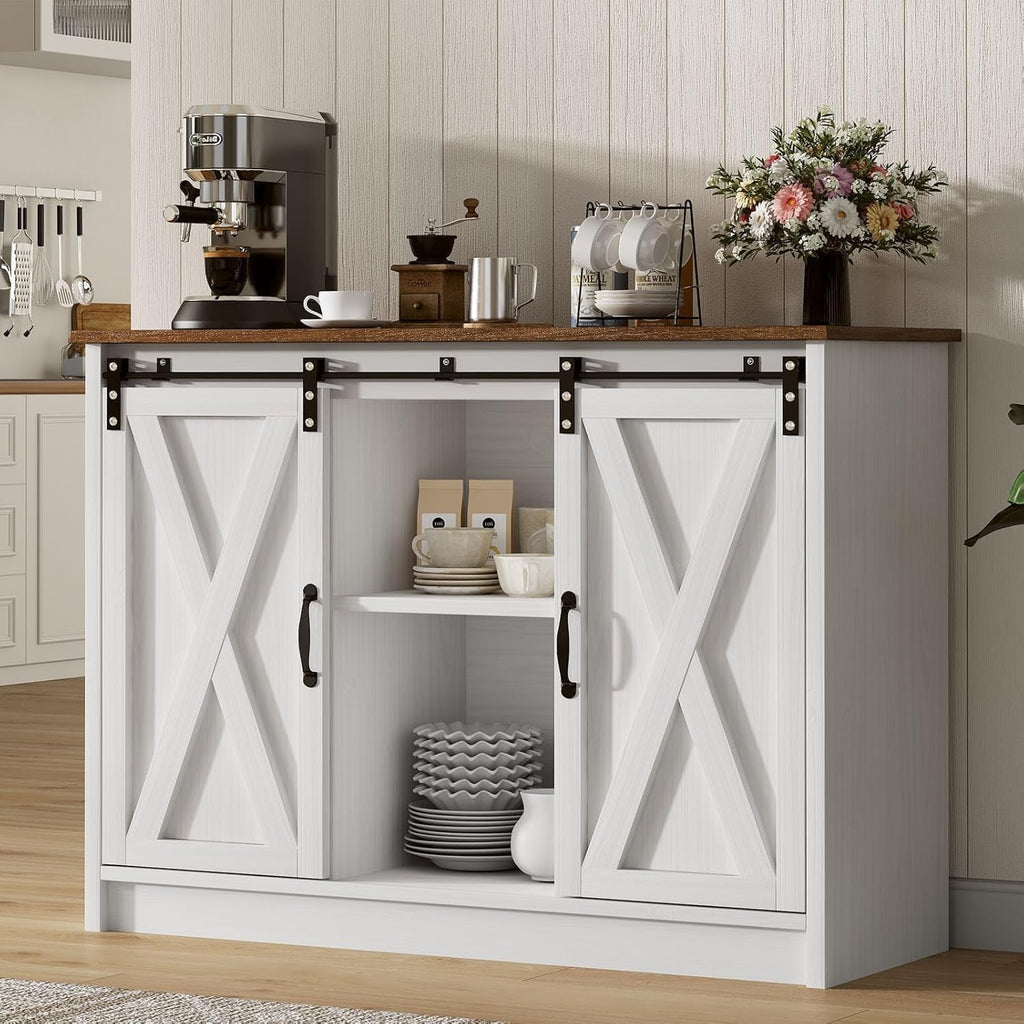 4 EVER WINNER Farmhouse Coffee Bar Cabinet, 42" Buffet Cabinet with Storage and Adjustable Shelf for Small Spaces, Coffee Station Cabinet with Sliding Barn Doors for Kitchen, Dining Room, White