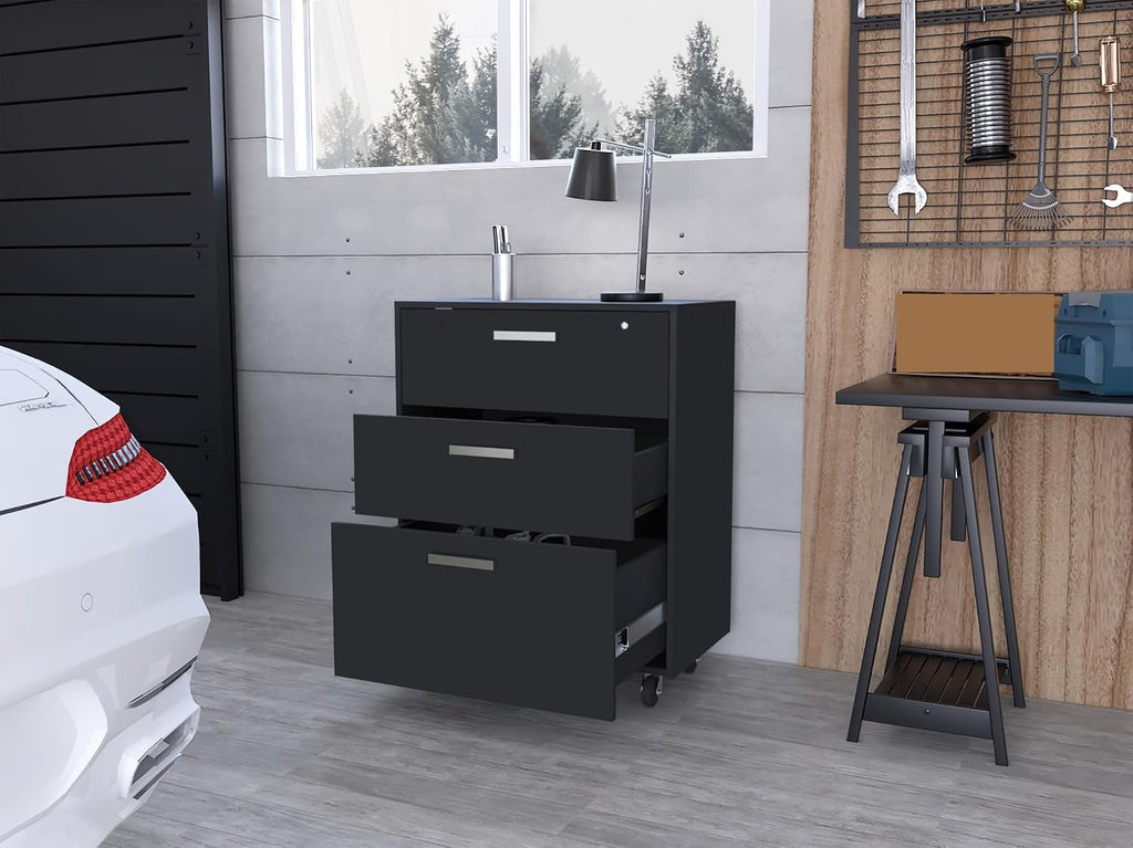 3 Drawers Storage Cabinet with Casters Lions Office, Black Wengue Finish