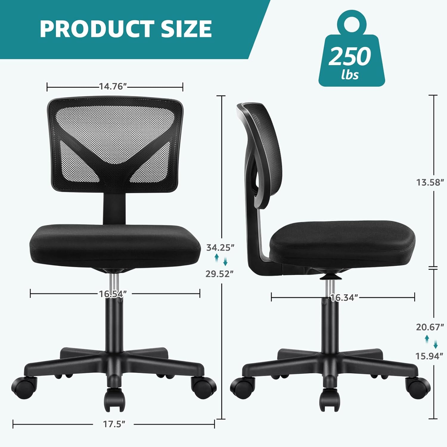 OLIXIS Armless Office Chair, Ergonomic Desk Chair with Wheels, Mesh Back, Removable Washable Foam Cushion, Height Adjustable Rolling Swivel Chairs for Small Space, Home, Office, Black