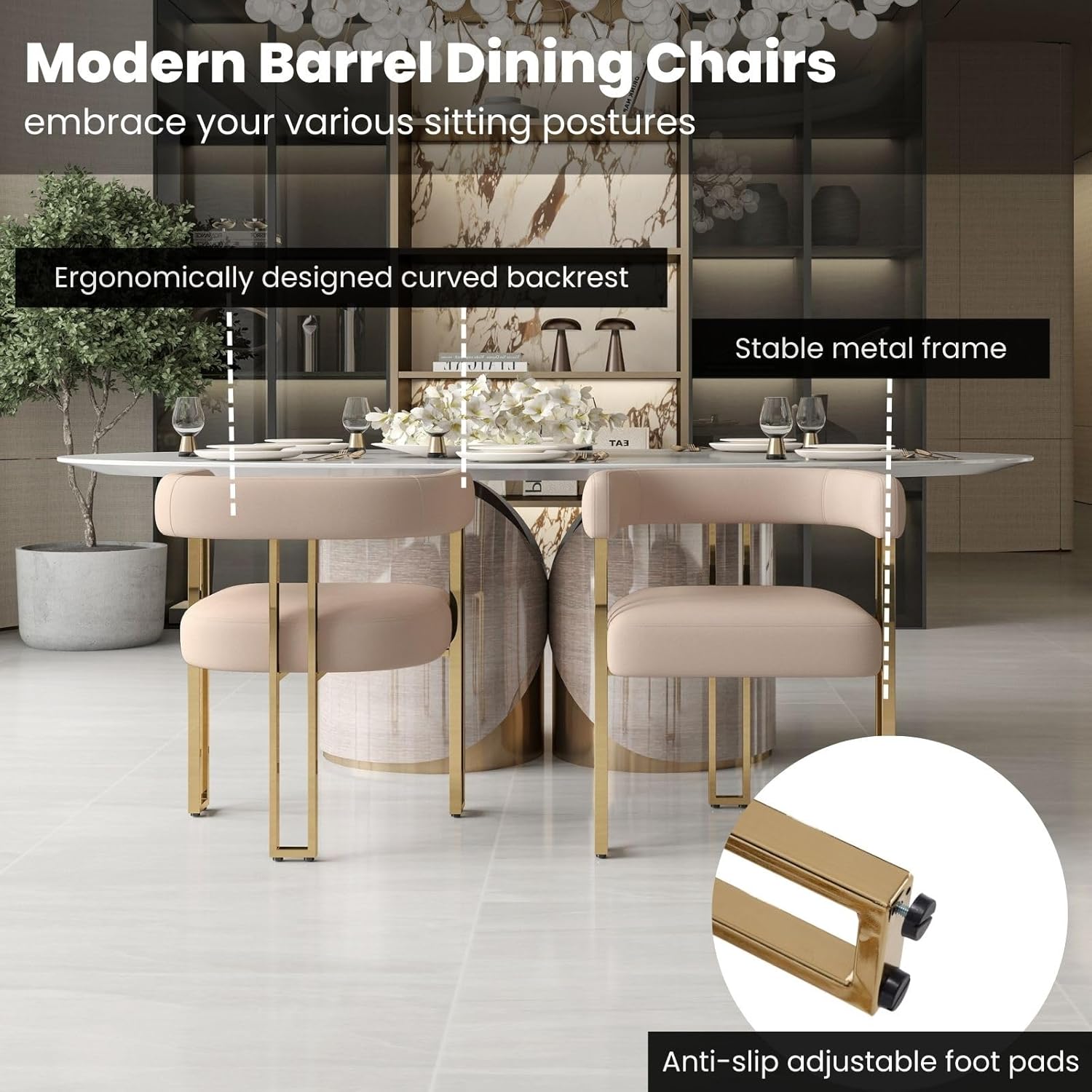 Khaki Velvet Barrel Dining Chairs Set of 2, Modern Upholstered Dining Room Chairs with Gold Metal Legs&Armrest, Boucle Dining Chair Kitchen Chair for Restaurant Banquet