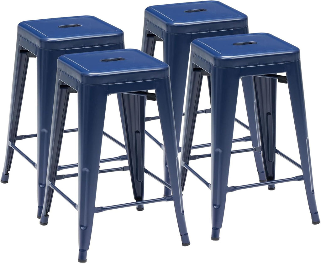 Sweetcrispy Metal Bar Stools Set of 4, 24 Inch Stackable Restaurant Classic Trattoria Metal Chairs, Backless Counter Height Barstool Chairs for Dining Room, Kitchen Island, Indoor Outdoor Use, Blue