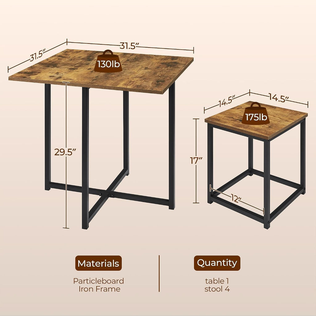 Yaheetech Industrial Dining Table Set for 4 Compact Kitchen Table and 4 Stools Space Saving Home Furniture for Small Space, Rustic Brown