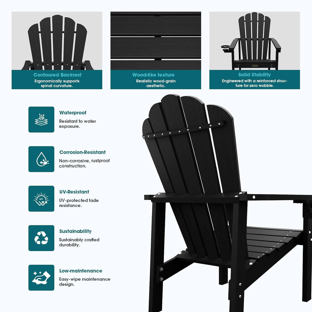 THOEOE Stackable Adirondack Chair Set of 4, HDPE All-Weather Adirondack Chairs - Durable and Space Saving, Plastic Outdoor Fire Pit Chairs with Cup Holder,Black