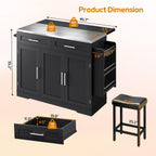 Concho 56'' Rolling Kitchen Island with Seating and Stainless Steel Countertop, Mobile Kitchen Carts with Folding Drop Leaf, 2 Bar Stools, Power Outlet, Spice/Towel Rack, Zest Black