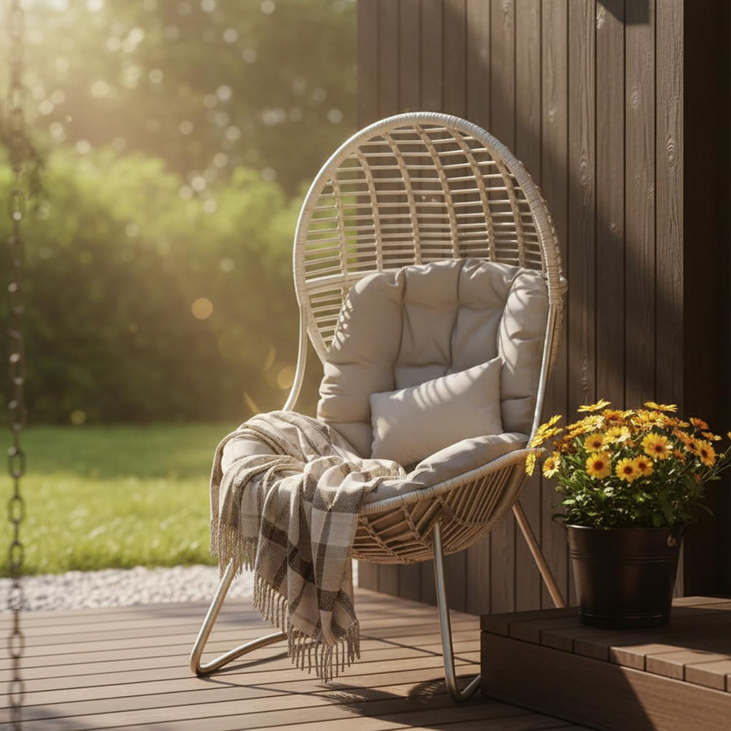 Kingdura Outdoor Wicker Egg Chair with Cushion, Oversized PE Rattan Chair, All-Weather Patio Lounge Chair for Balcony Porch Lawn & Indoor, 440LBS Capacity (Beige)