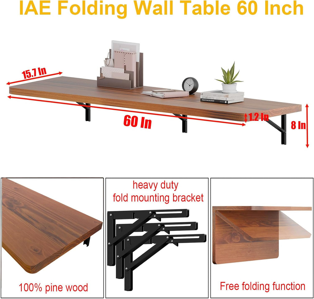 IAE Wall Mounted Folding Table with Pine Wood,60" x 16" Floating Wall Desk,Laundry Folding Table with Shelf Brackets,Fold Down Desk Shelf,Folding Workbench for Home,Dining,Laundry Room,Kitchen,Teak