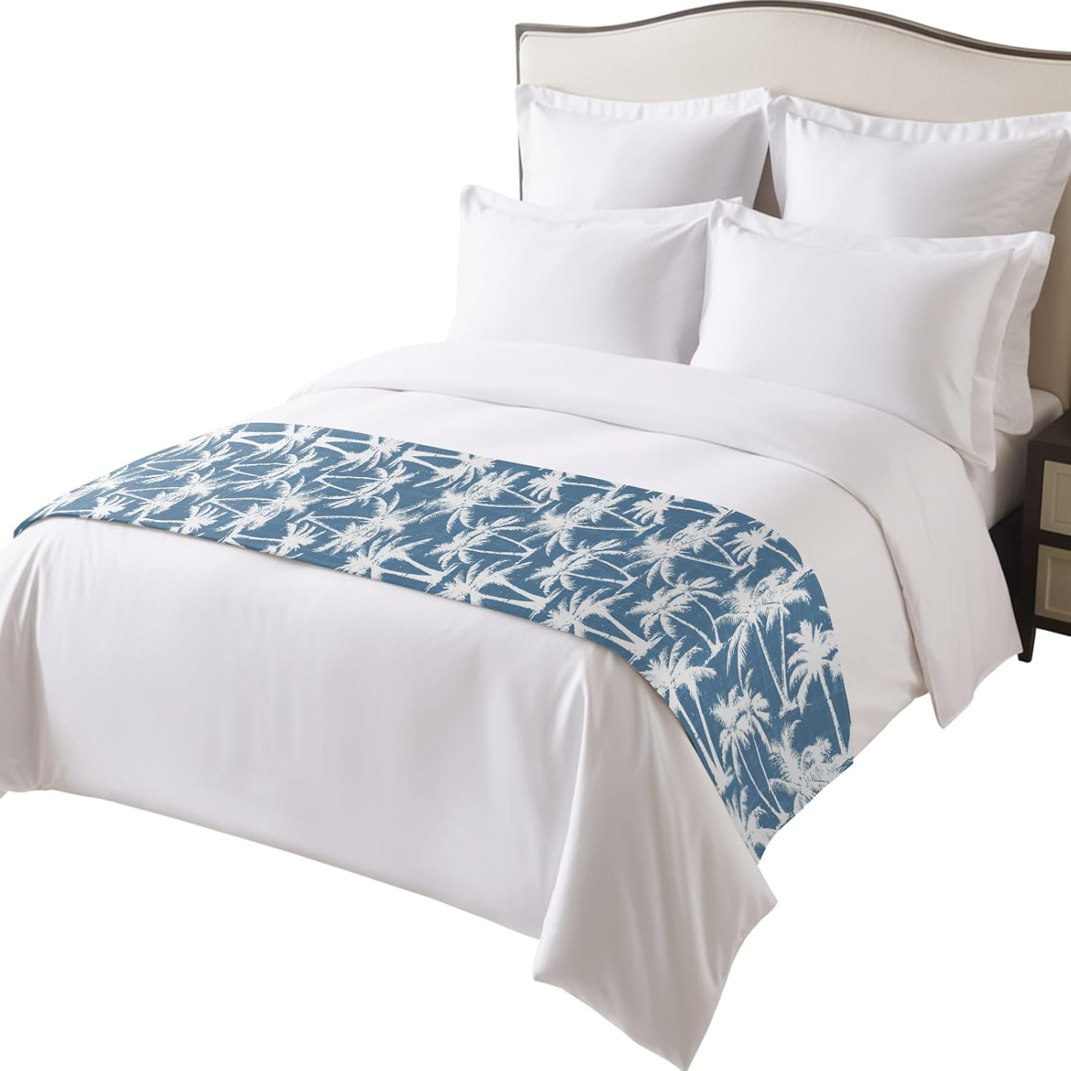 Blue Palm Tree Bed Runners for Twin Size Bed, Summer Tropical Coastal Nautical Beach Silver Tree Leaf Bedding Scarf for Home Hotel Decorations, 71''x20''