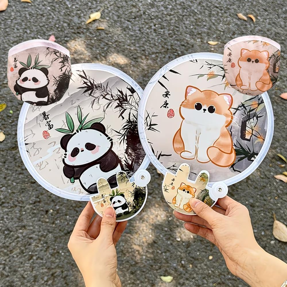 2Pcs Cute Cat Folding Fans, Maneki-Neko Design, 2-in-1 Cooling & Sun Protection, Quiet Portable Handheld Fans with Storage Bag,3.93 x 3.66 Inches Mini Size,Panda + Orange Cat