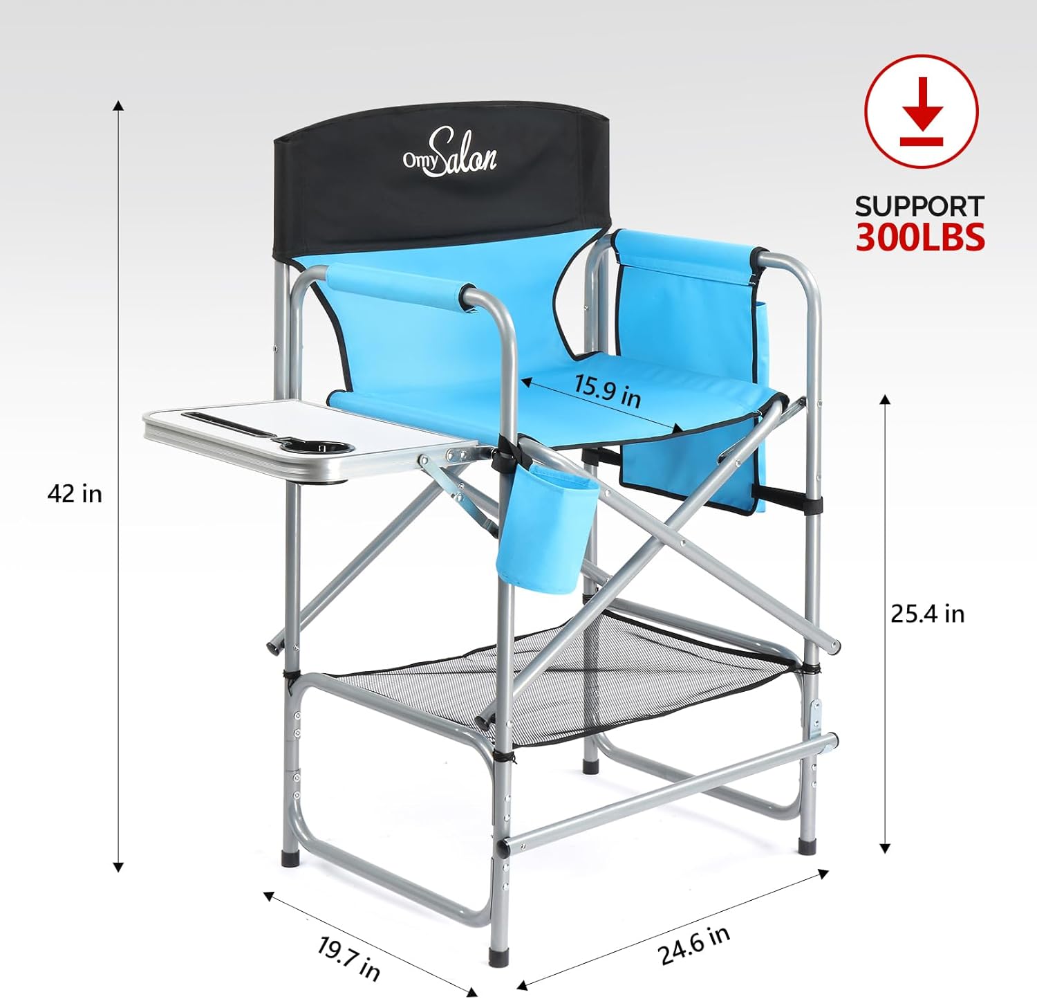 OmySalon 26" Extra Tall Director Chair w/Side Table, Heavy-Duty Steel Frame Portable Folding Bar Stool w/Storage Pockets, for Makeup Artist, Salon, Studio, Camping, 301 lbs Capacity (Navy)