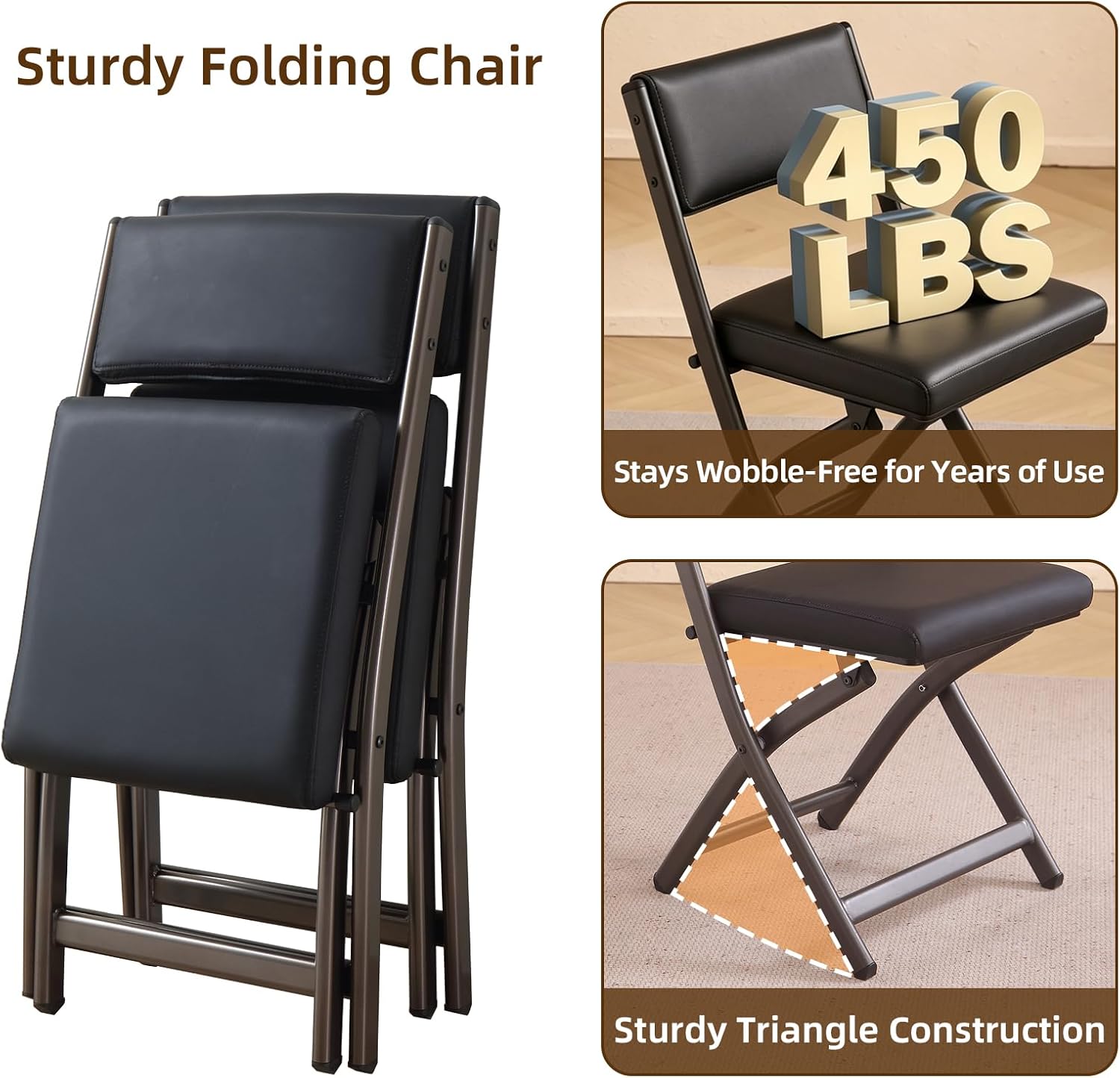 Folding Chairs with Cushion 2 Pack, High-Resilience Foam, Black | 450LBS Capacity, 2-Inch Thick Cushion, 4.7" Folded, Foldable Dining Chairs for Kitchen Dining Room Wedding Office Party