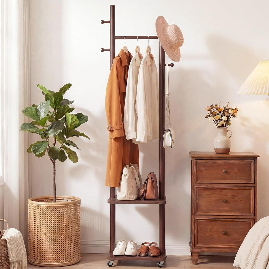 Coat Rack Freestanding, Solid Wood Coat Rack Stand, Clothing Rack with Wheels & 2 Shelves Storage & 5 Hooks, Heavy Duty Clothes Rack, Wood Coat Tree Stand Hat Hanger Rack for Bedroom Entryway Office