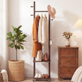 Coat Rack Freestanding, Solid Wood Coat Rack Stand, Clothing Rack with Wheels & 2 Shelves Storage & 5 Hooks, Heavy Duty Clothes Rack, Wood Coat Tree Stand Hat Hanger Rack for Bedroom Entryway Office