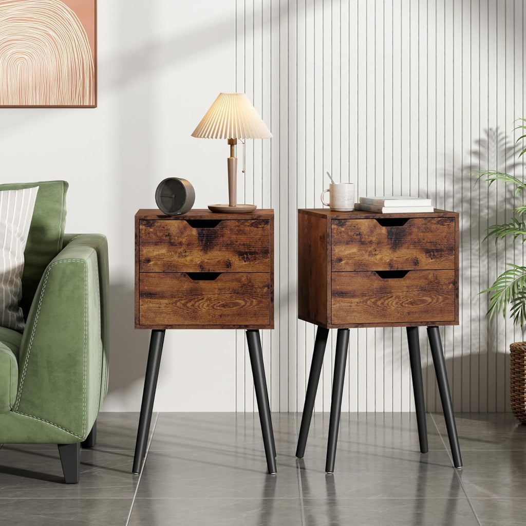JAXPETY End Tables Set of 2, Night Stand with Drawers, Bedside Tables with Solid Wood Legs and Large Storage Space, Side Table for Living Room/Bedroom(Brown)