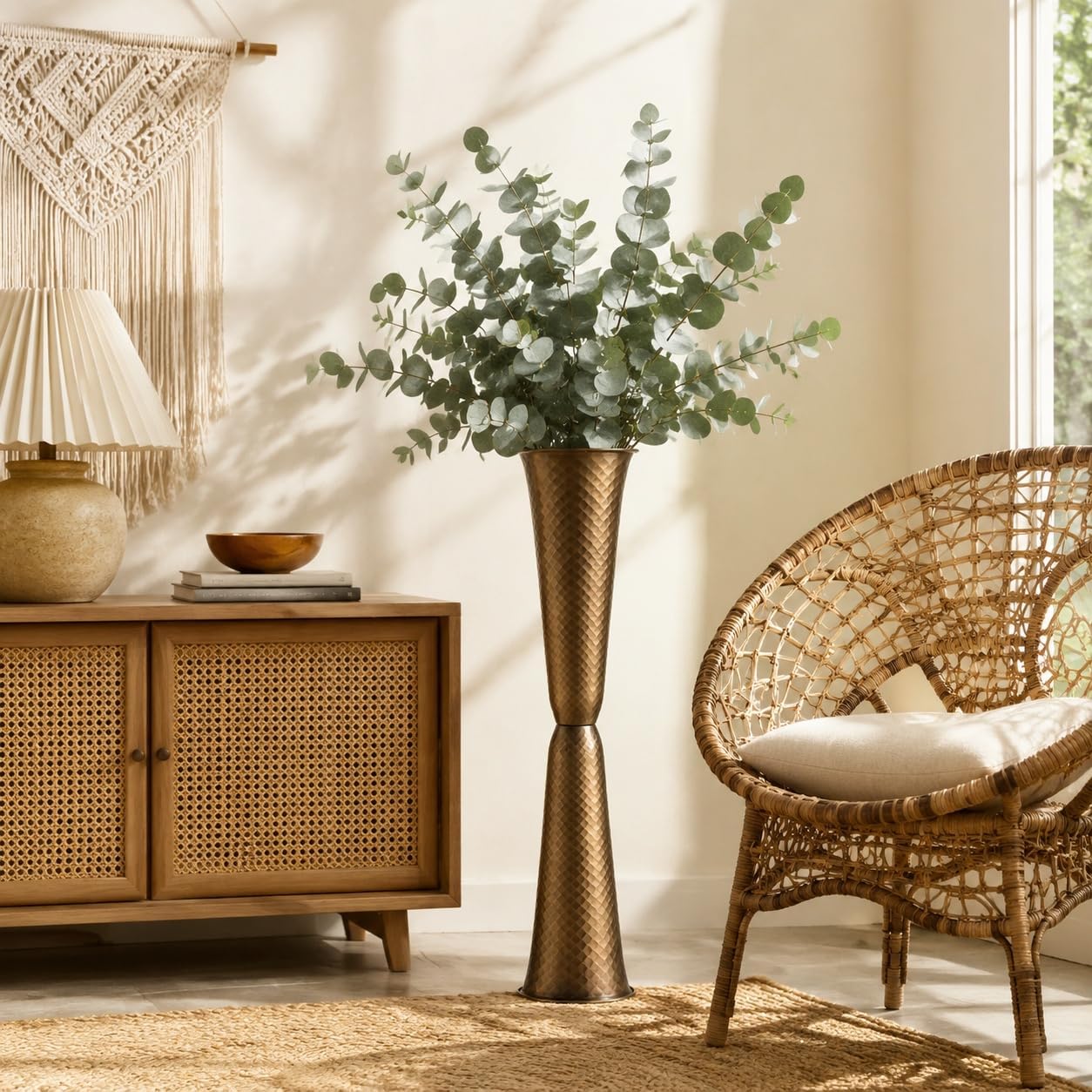 Sziqiqi Gold Tall Floor Vase: 29.5in Bronze Metal Large Vase with Grid Texture - Decorative Floor Vases for Fireplace Living Room Modern Big Standing Holder for Dining Bedroom Home Decor Corner