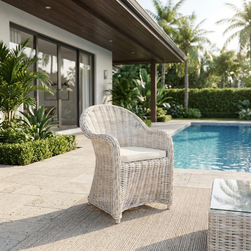 White Wicker Club Chair with Rattan Frame, Cotton Fabric, Comfortable Armrest, Stylish Design for Outdoor Lounge, Deck Or Patio